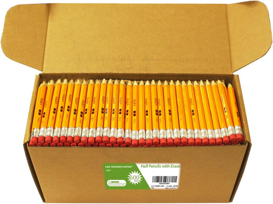 S & E TEACHER'S EDITION 600PCS 4'' Golf Pencils Pre-sharpened, Break-Resistant Lead No. 2 Half Pencils with Eraser Tops, 2 HB pencil, Back to school, 600/Box.