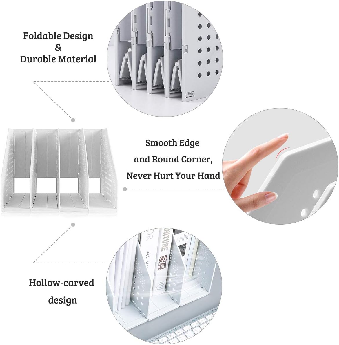 SAYEEC Collapsible Magazine Holder Plastic Desktop 4 Compartment File Desk Magazine Organizer Vertical File Divider Sorter Storage Document Organizer for Office Home School Gray