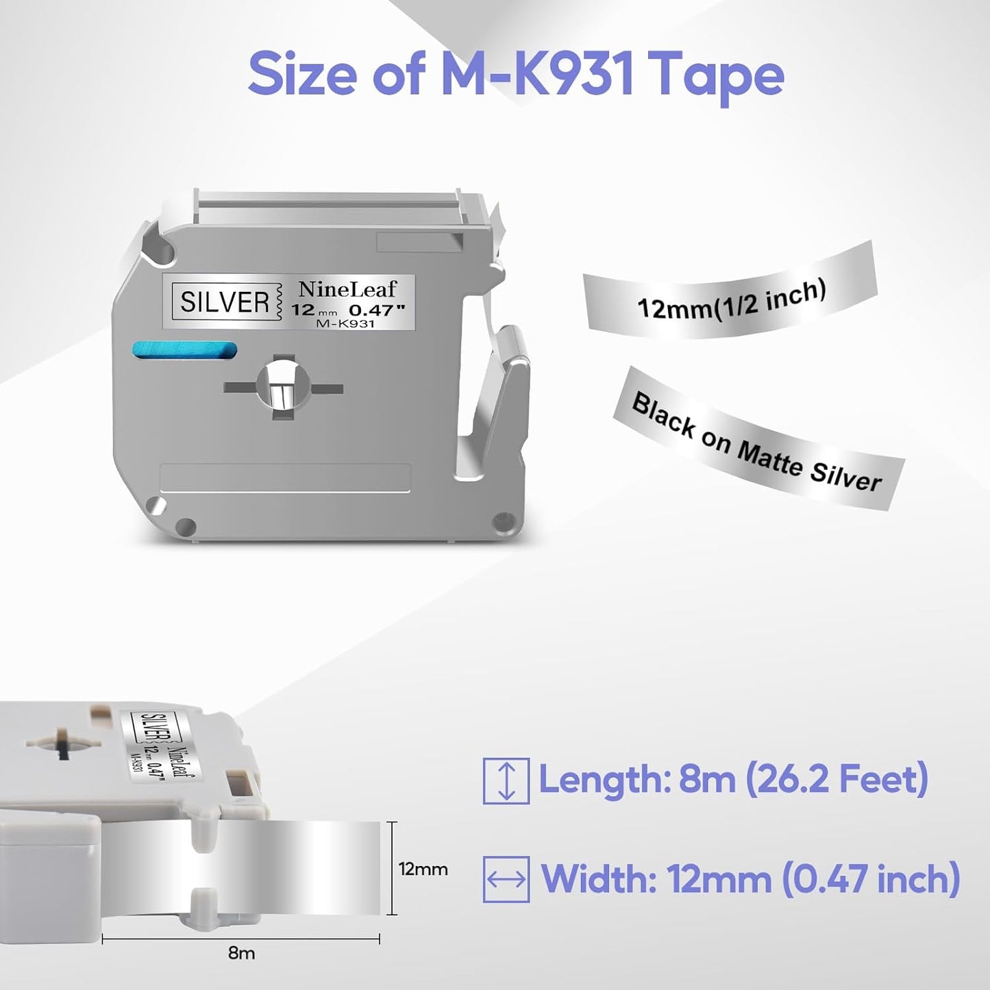 NineLeaf 4 Pack Compatible for Brother Ptouch M Tape M-931S MK931 M-K931 M931 M-931 M-K931S Tape 12mm 0.47 Silver Label Tape for PT-70BM PT-M95 PT-90 PT-70 PT-85 Label Maker Refills