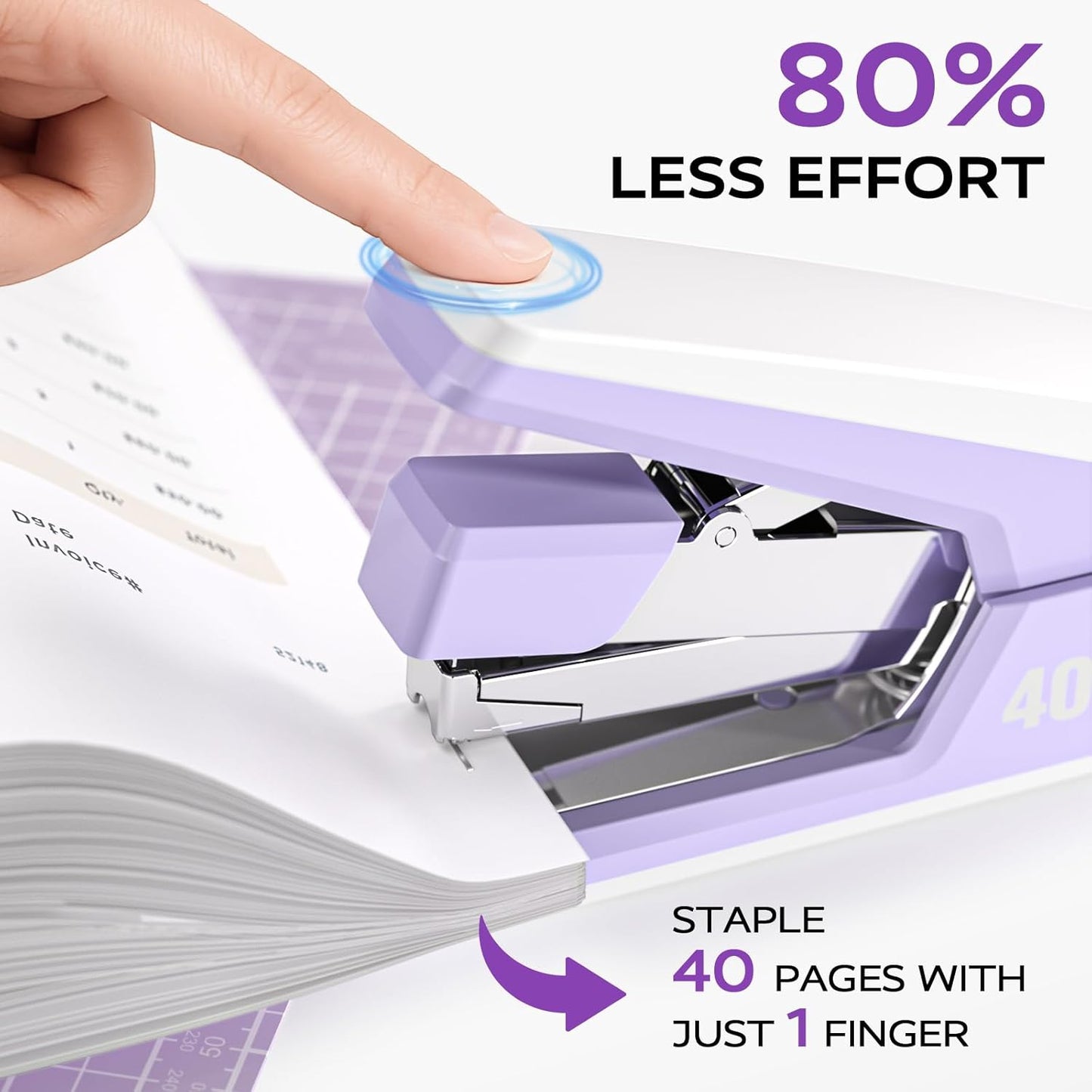 Effortless Stapler for Desk with 40-50 Sheet Capacity, 2000 Staples, 1-Touch Stapling, Ergonomic & Easy to Load Desktop Staplers, Heavy Duty Stapler, and Magnetic Staple Remover, Purple