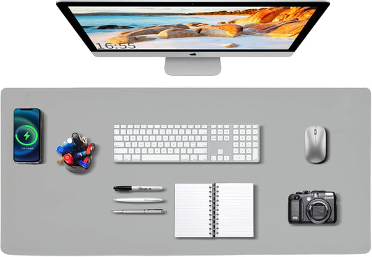 Desk Mat Wireless Charging Mouse Pad Large 32x16 Journey Desk Pad Mat with Wireless Charger Waterproof Grey Leather Computer Mat with Phone Charger Mousepad Non-Slip for Keyboard and Mouse