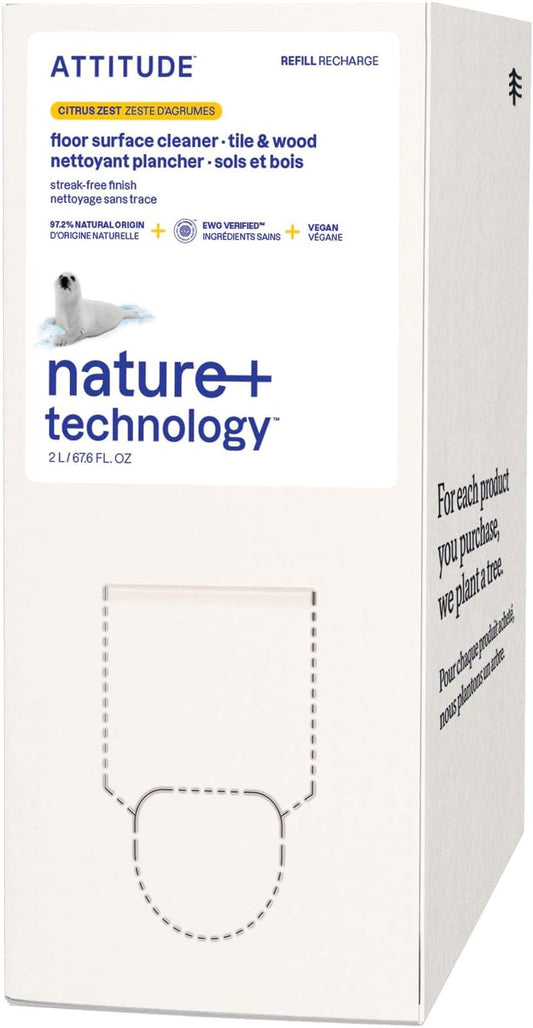 ATTITUDE Floor Cleaner Refill, EWG Verified, Streak-Free, Vegan & Plant-Based for Tile, Wood & Laminate Floors, Citrus Zest Scent, 67.6 Fl Oz