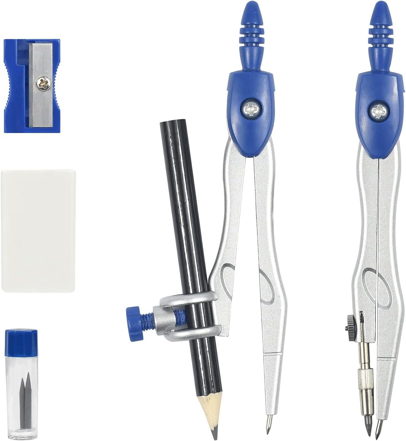 Math Geometry Kit Sets 10 Piece Student Supplies with Shatterproof Storage Box,Includes Rulers,Protractor,Compass,Eraser,Pencil Sharpener,Lead Refills,Pencil,for Drafting and Drawings（Navy blue）