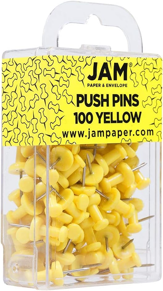JAM PAPER Colorful Push Pins - Yellow Pushpins - 100/Pack