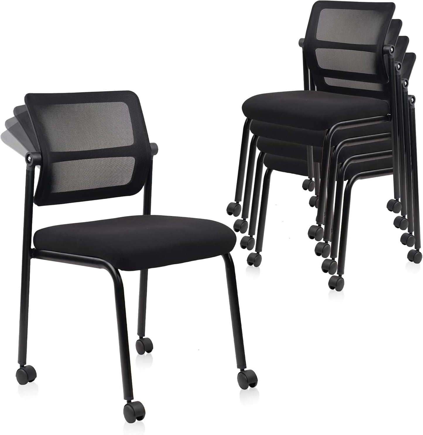 CLATINA Stacking Armless Office Waiting Room Chair with Wheels, Stackable Mesh Guest Reception Desk Chairs with Adjustable Backrest for Conference Lobby Side School, Black, 4 Pack