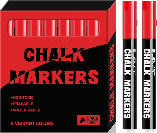 SILENART Chalk Markers - Vibrant 8 Pack - Dry Erase Markers Pen - Liquid Chalk Markers for Blackboard Chalk Board Windows Glass Acrylic Calendar Board - Erasable Chalk Marker (Red)