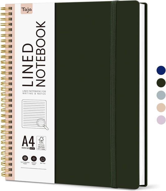 Taja Spiral Lined Notebook, 8.5"x11" Notebooks for Work, Large A4 Journal for Women & Men, College Ruled Journaling Notebook for Writing, Plastic Cover Spiral Journal, Olive