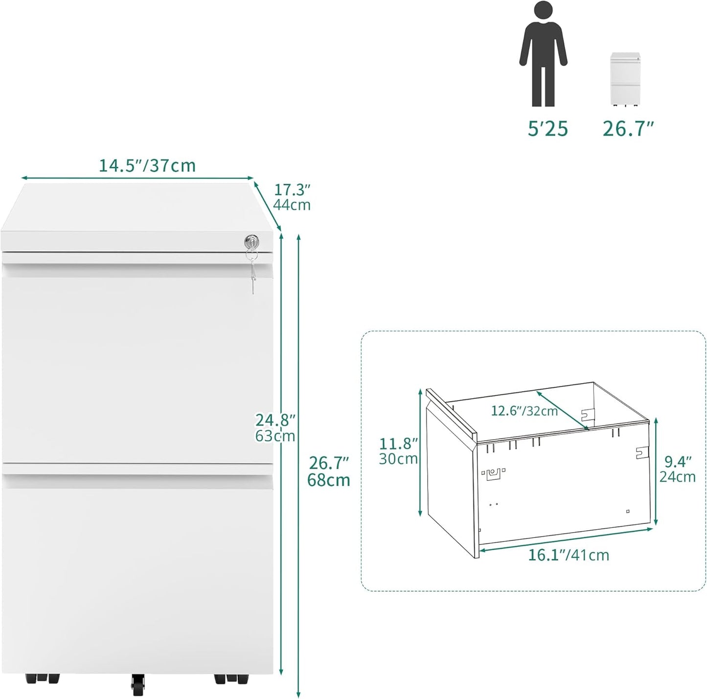 YITAHOME 2 Drawer File Cabinet with Lock, Mobile Metal Filing Cabinet for Letters/Legal/A4 Size, Home Office & Business Enterprise, Fully Assembled Except Wheels, White