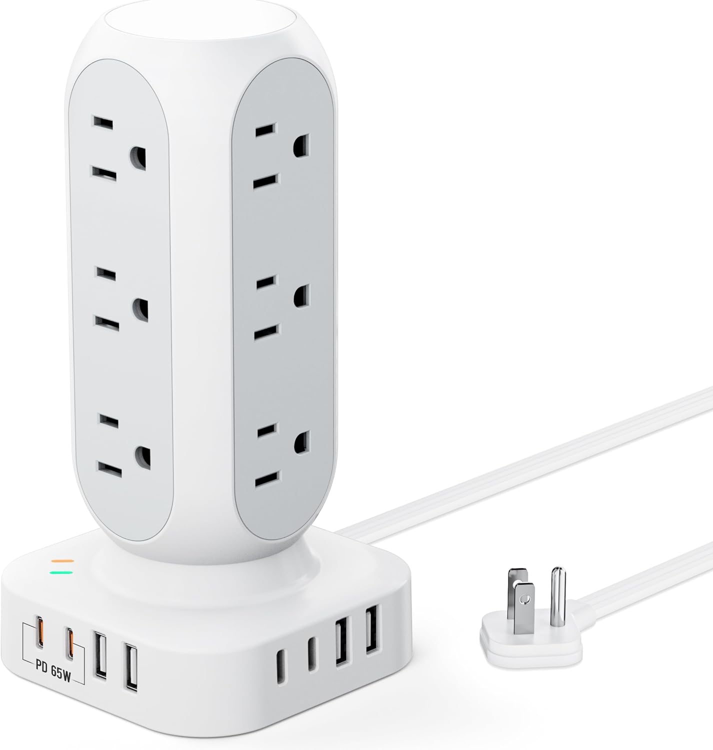 65W Fast Charging Station, Flat Plug Power Strip Tower with 12 AC Outlets & 8 USB Ports (2 PD USB-C Ports), 10FT Extension Cord, Compatible for MacBook Pro, iPhone Series.