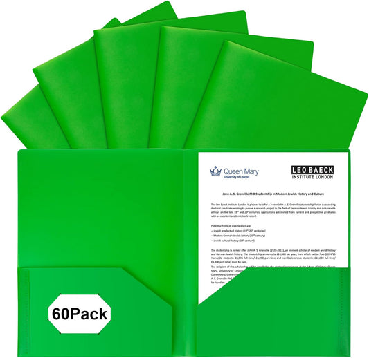 60-Pack Plastic Folders with Pockets,2-Pocket Poly Folders Holds 8-1/2" x 11" Paper for School/Office/Home, Green