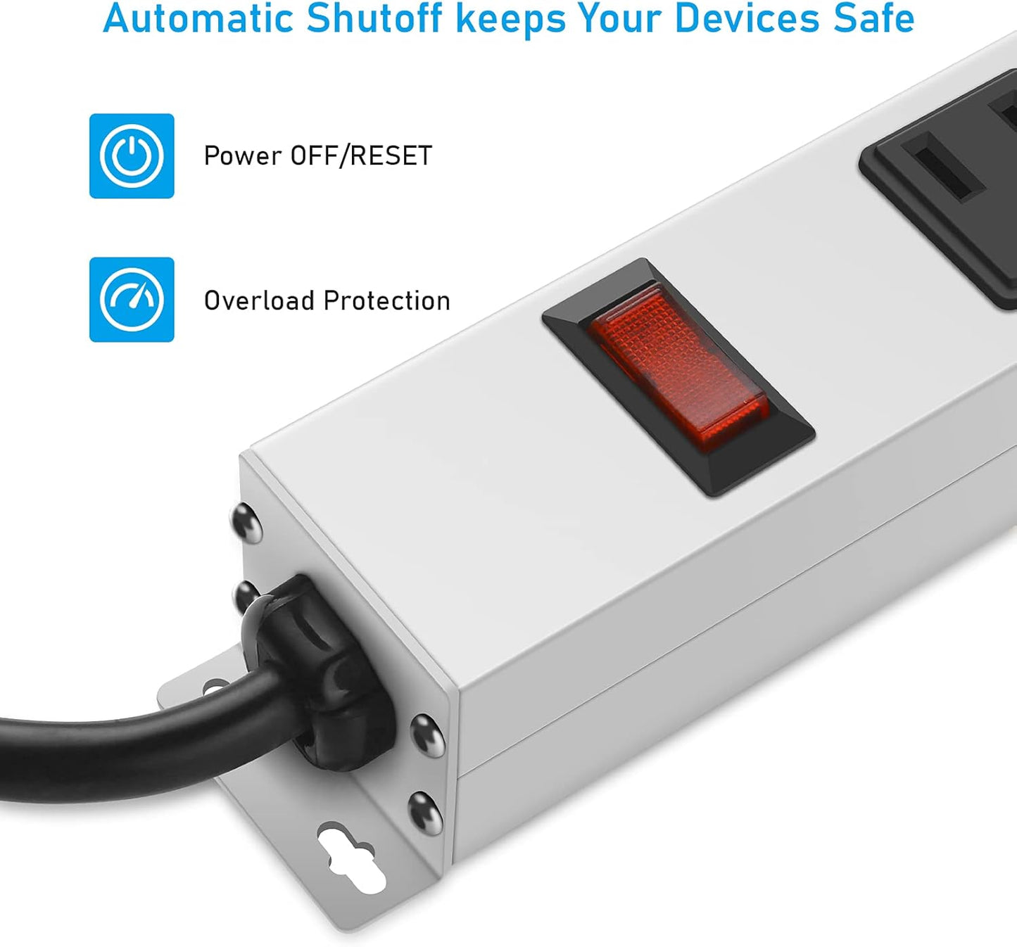 JUNNUJ Metal 12 Outlet Power Strip, Mountable Heavy Duty Power Strip, 1200J Surge Protector Wall Mount Screws Outlet with Switch, Gaming Desk Strips Wide Spaced 15A 125V 1875W, 6 FT 14AWG Power Cord