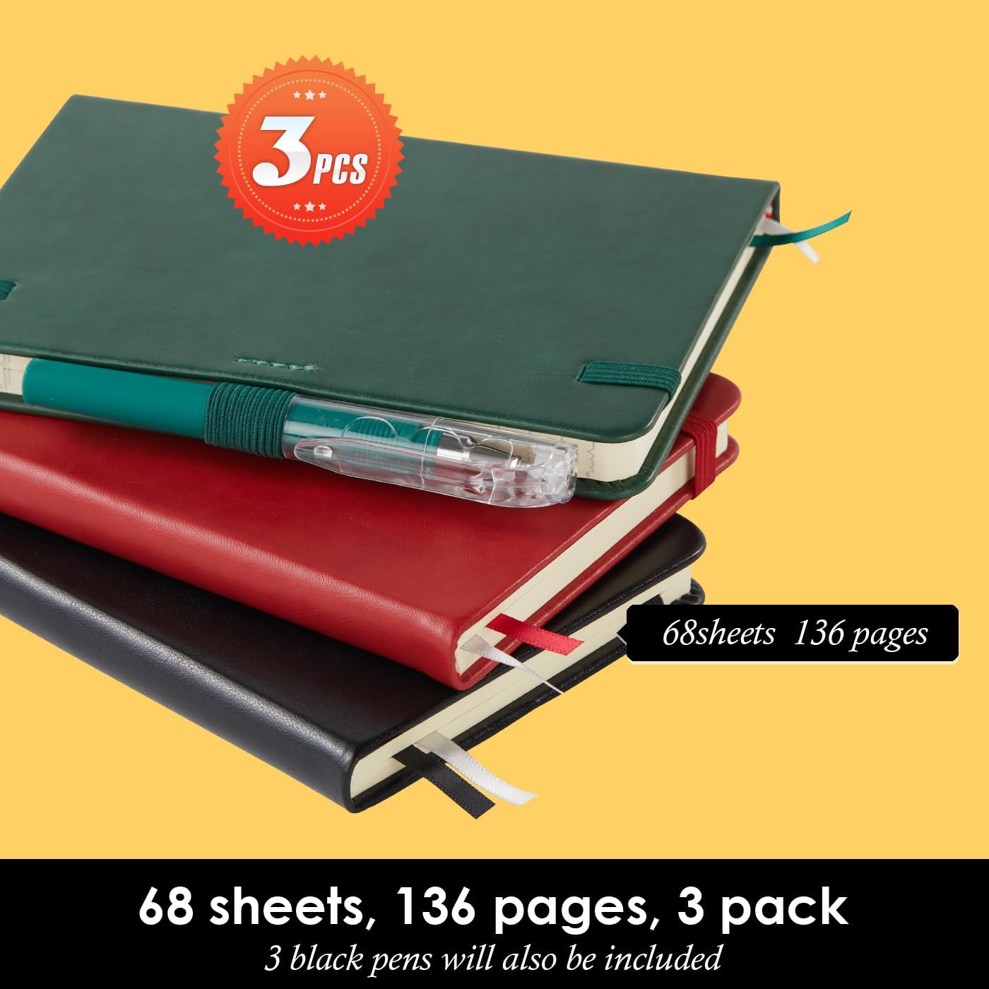 Small Notebook Journals, 3 Pack Mini Pocket Note pads for Men & Women Writing, A6 Small Leather Notepad 3.7" x 5.7" with Pen, Black, Red, Green