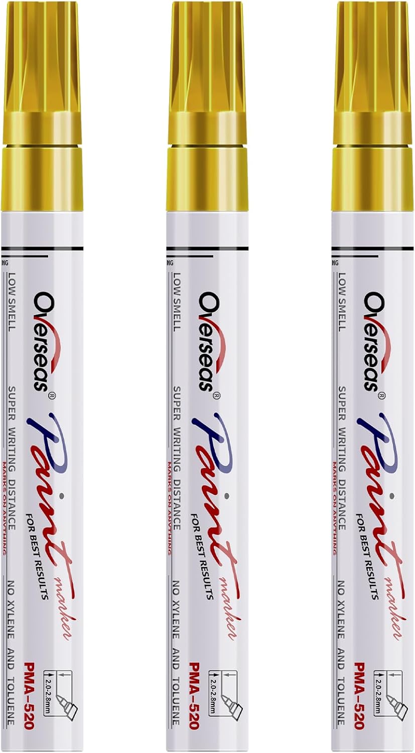 Overseas Permanent Paint Markers Pens - 3 Pack Gold Oil Based Paint Pens, Medium Tip, Quick Drying and Waterproof Marker Pen for Metal, Rock, Wood, Fabric, Plastic, Canvas, Mugs, Stone, Glass