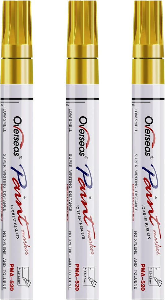 Overseas Permanent Paint Markers Pens - 3 Pack Gold Oil Based Paint Pens, Medium Tip, Quick Drying and Waterproof Marker Pen for Metal, Rock, Wood, Fabric, Plastic, Canvas, Mugs, Stone, Glass
