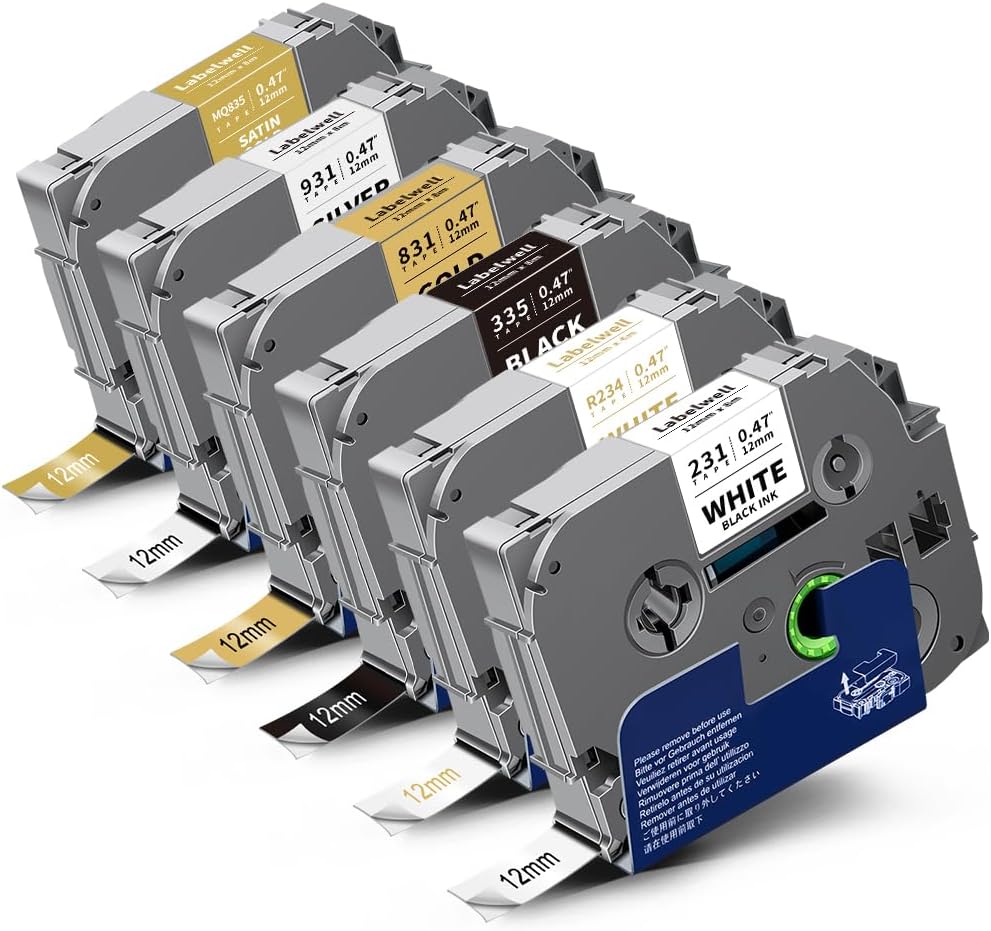 6-Pack Compatible TZe Label Tape 12mm 0.47 Inch Laminated Multi-Color TZ TZe-231 234 335 831 931 MQ835 TZe231 for PT-H110 D200 D210 D220 Label Maker, White/Gold/Sliver/Black