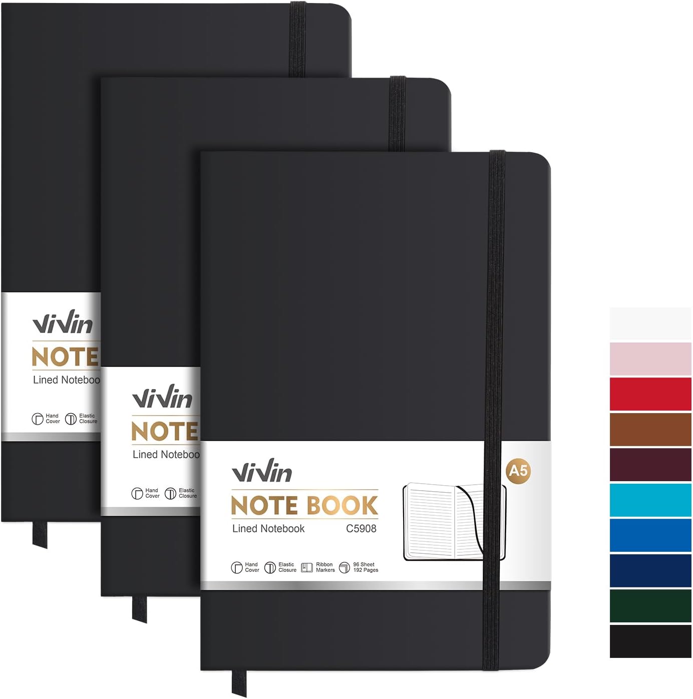 ViVin Lined Journal Notebooks for Work, 192 Pages, Medium 5.5 x 8.3 inch, College Ruled, A5 Hardcover Journaling Notebooks for Work, 3 Pack Bulk