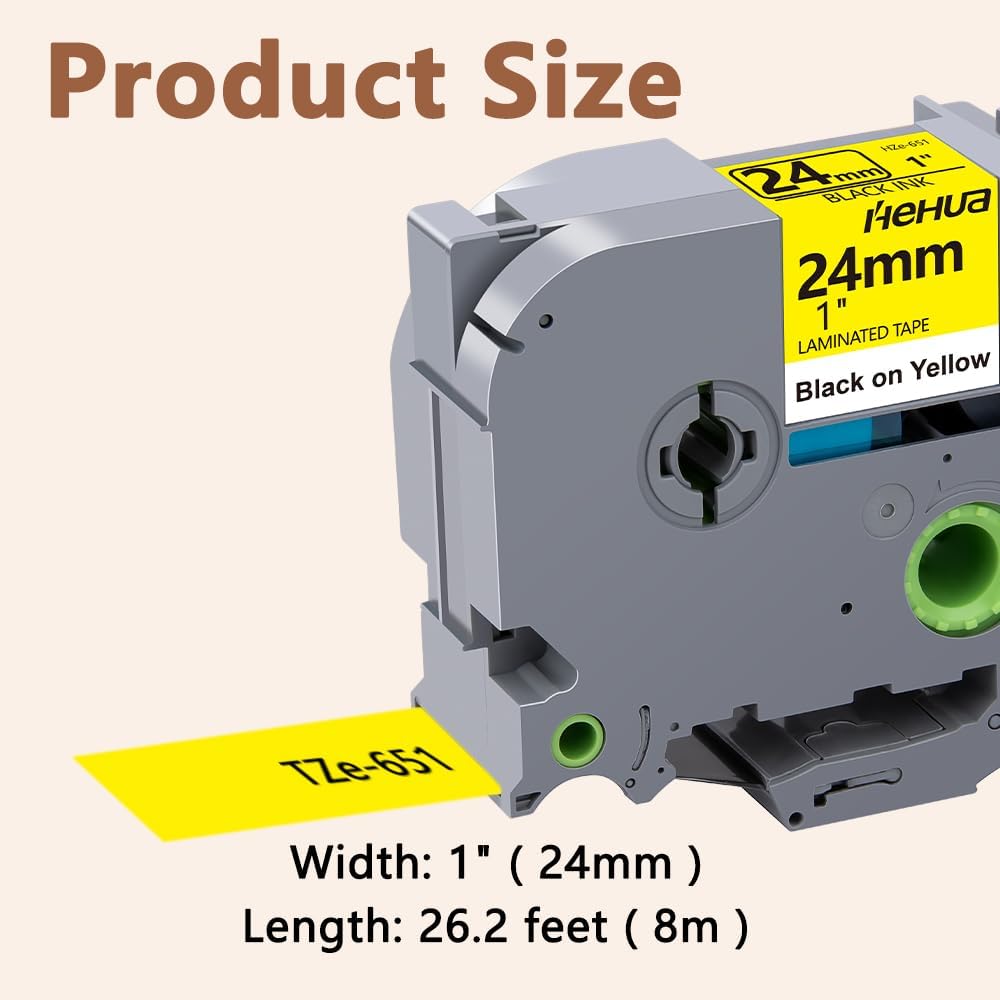 Hehua 24mm 0.94 Black on Yellow Laminated Tape Compatible for Brother P-Touch TZe-651 TZe651 TZ-651 TZ651 Label Maker Tape for Ptouch PT D600 D610 P710BT, 1'' x 26.2ft, 3 Pack