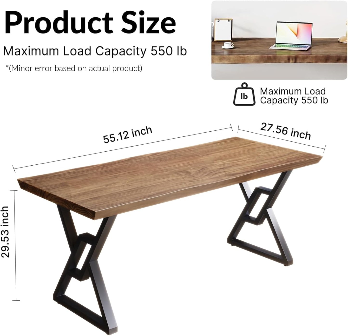 Solid Wood 55-inch Computer Desk - Large Office Desk for Home Office, Modern and Simple Design, Industrial Executive Work Table, Steady Home Office Bedroom Furniture for Study Reading Writing Dining