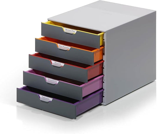 Durable Varicolor 5 Drawer Unit - Gray Desktop Drawer Set with 5 Color Coded Draws - Perfect for Storing Documents and Paper Work