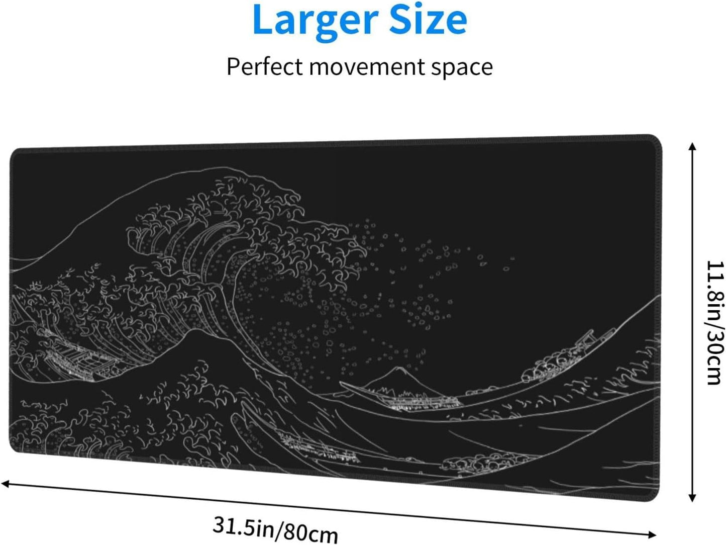 Extended Gaming Mouse Pad, Large Gaming Mouse Waterproof with Stitched Edges, Non-Slip Desktop Pad for Home and Office, Level Up Your 31.5x11.8 Inch… (Black Wave)