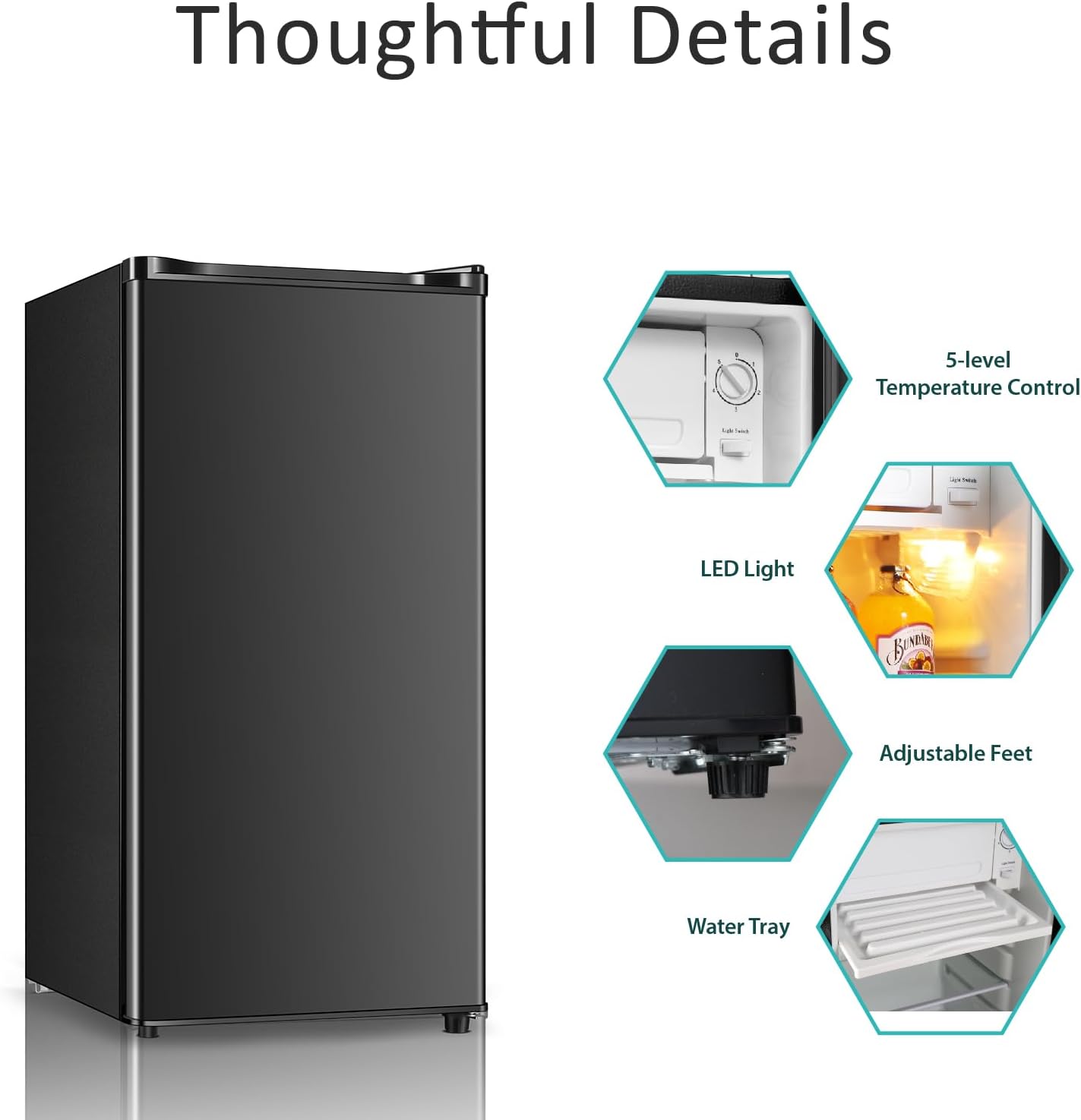 Seaoola Mini Fridge with Freezer, Single Door 3.1 Cu.Ft, Compact Mini Refrigerator, LED Light, Adjustable Thermostat, Removable Glass Shelves, Small Refrigerator for Dorm/Office/Bedroom(Black)