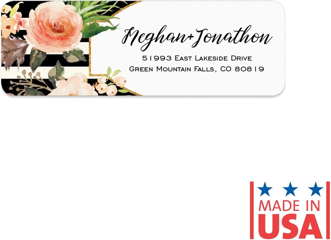 Black and White Stripe Floral Rolled Address Labels/Roll of 500 Personalized Return Address Labels/Designer Return Address Stickers in Elegant Plastic Dispenser