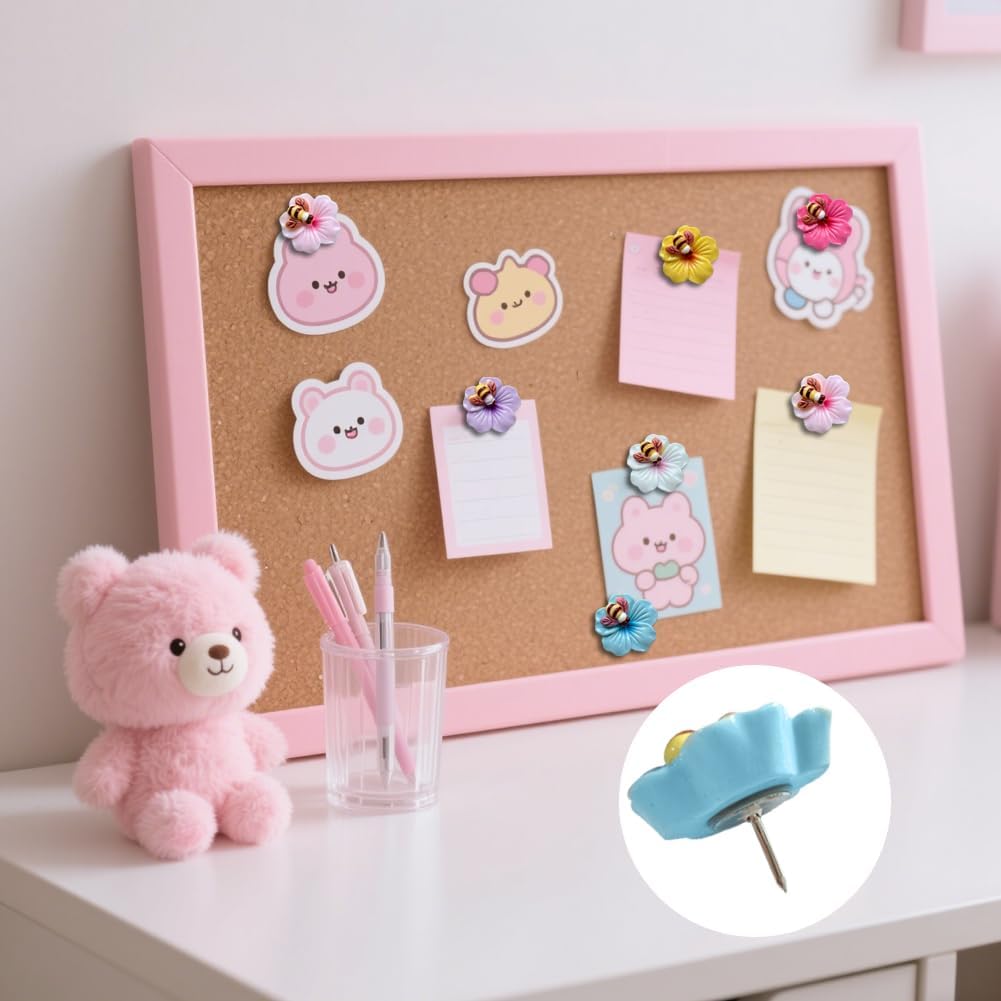 Cute bee Flower thumbtack Bulletin Board thumbtack, Soft Wooden Board thumbtack, Suitable for Classroom and Office Bulletin Board, Photo Wall Decoration thumbtack (60 Pcs)