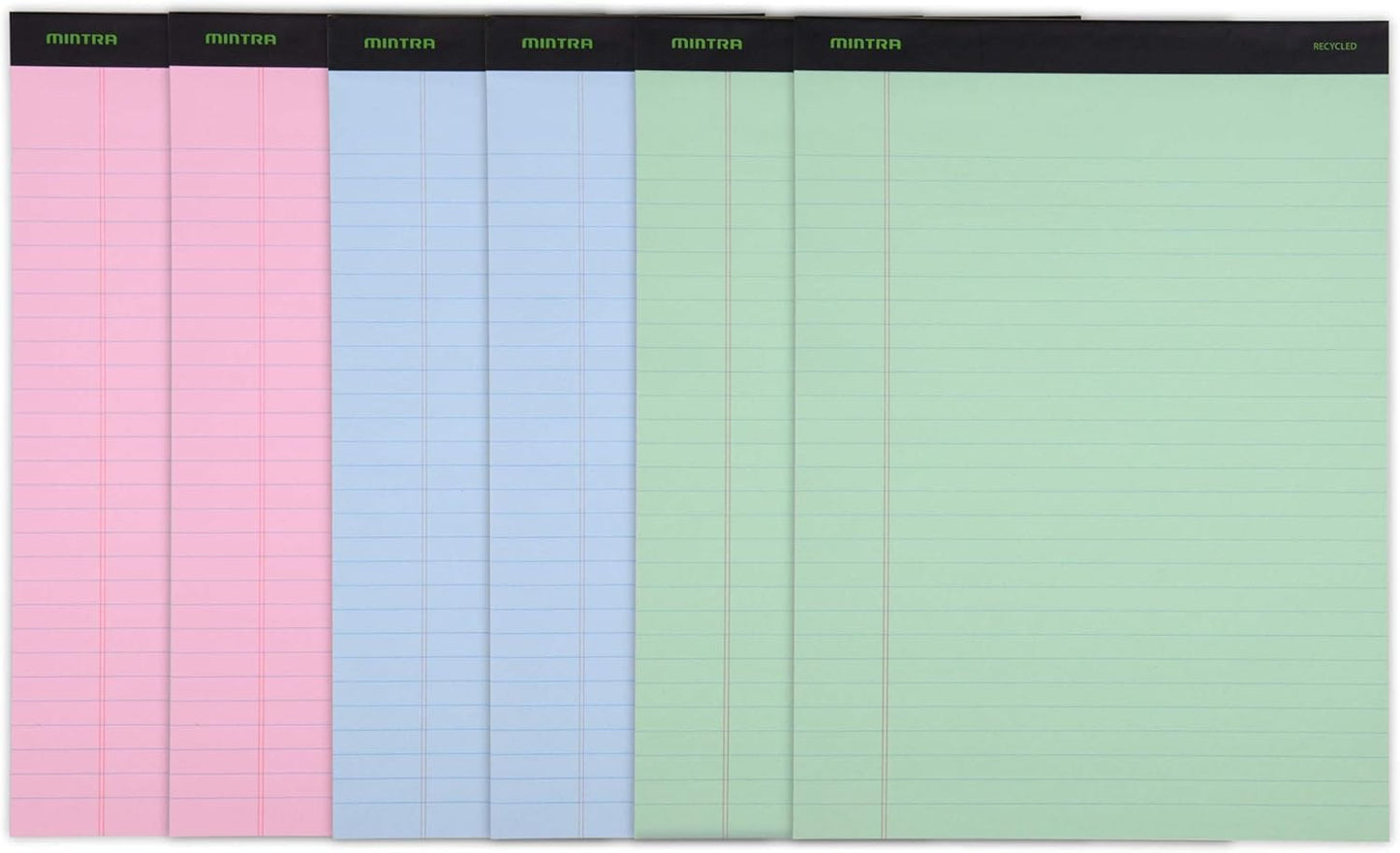 Mintra Office Legal Pads, ((Basic 6pk - (Pastel Version #3), 8.5in x 11in, Wide Ruled)) - Includes 2 Blue Writing Pads, 2 Pink Writing Pads and 2 Green Writing Pads
