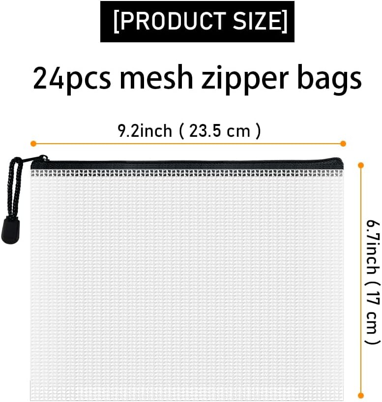 D-KINGCHY 24Pcs Zipper Storage Bags, Plastic Mesh Zippered Pouch for Organization, Waterproof Versatile Bags for Office Supplies School Travel