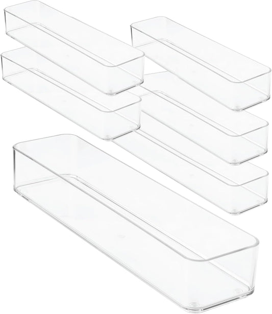 Plastic Clear Drawer Organizers. Bathroom, Kitchen, Bedroom, Gadgets, Office Organizer Bins, Storage Trays. Heavy Duty, Stackable. 12" x 3" x 2" Set of 6