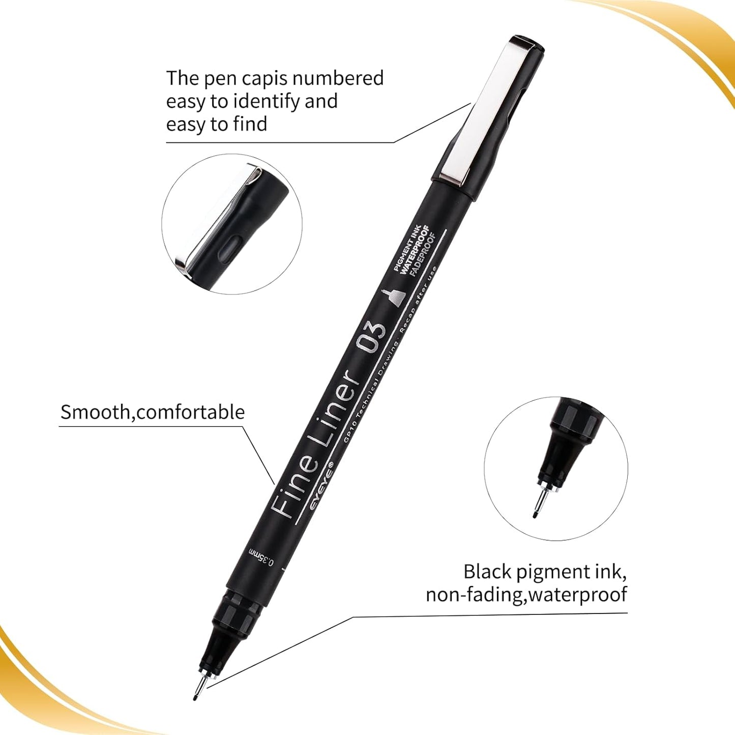 EYEYE Micro Pens, Black Drawing Art Pen,6 Pack 0.45mm Archival Pens Waterproof Ink Set Artist Supplies Archival Inking Markers Sketch Outline Pen, Precision Drawing and Sketching Kit