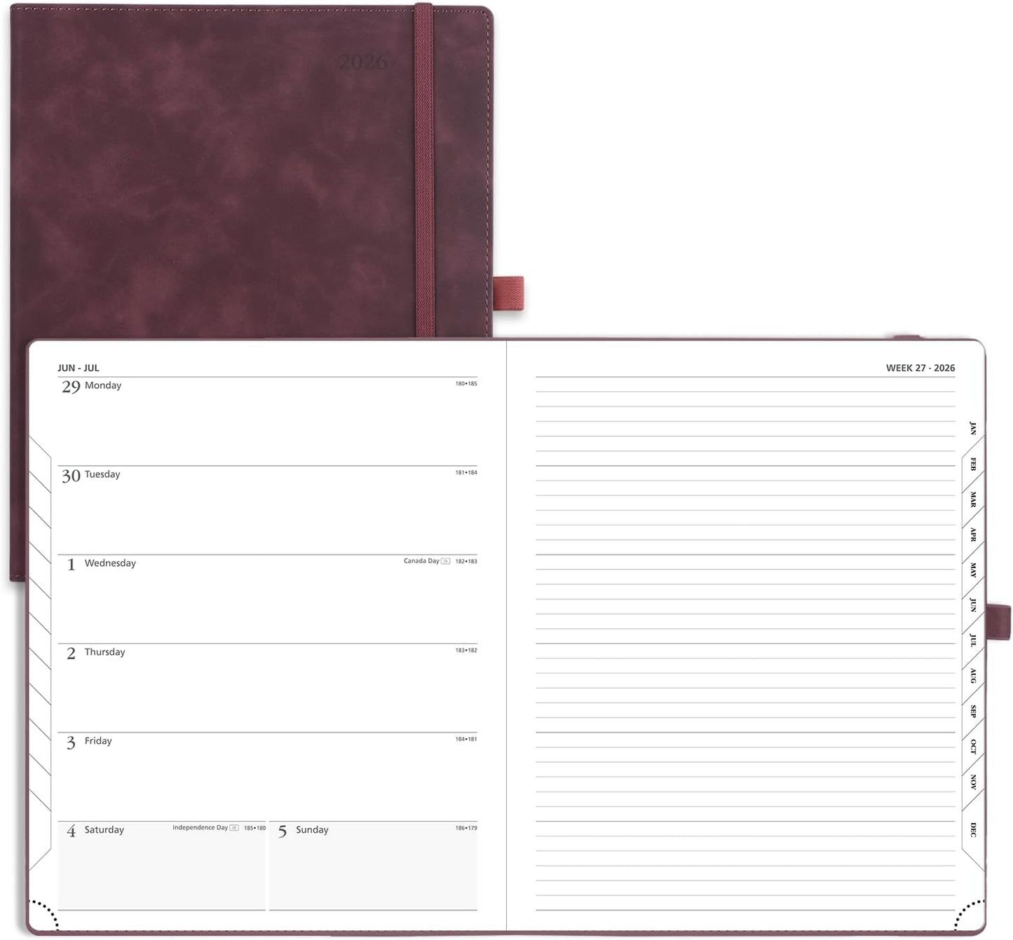 POPRUN Weekly Planner 2026 (Large 8.5" x 10.5") Calendar 12 Months Notebook with Horizontal Layout, Leather Soft Cover, Monthly Tabs, Inner Pocket, 100GSM Thick Paper, Pen Holder - Claret