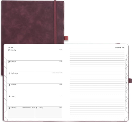 POPRUN Weekly Planner 2026 (Large 8.5" x 10.5") Calendar 12 Months Notebook with Horizontal Layout, Leather Soft Cover, Monthly Tabs, Inner Pocket, 100GSM Thick Paper, Pen Holder - Claret