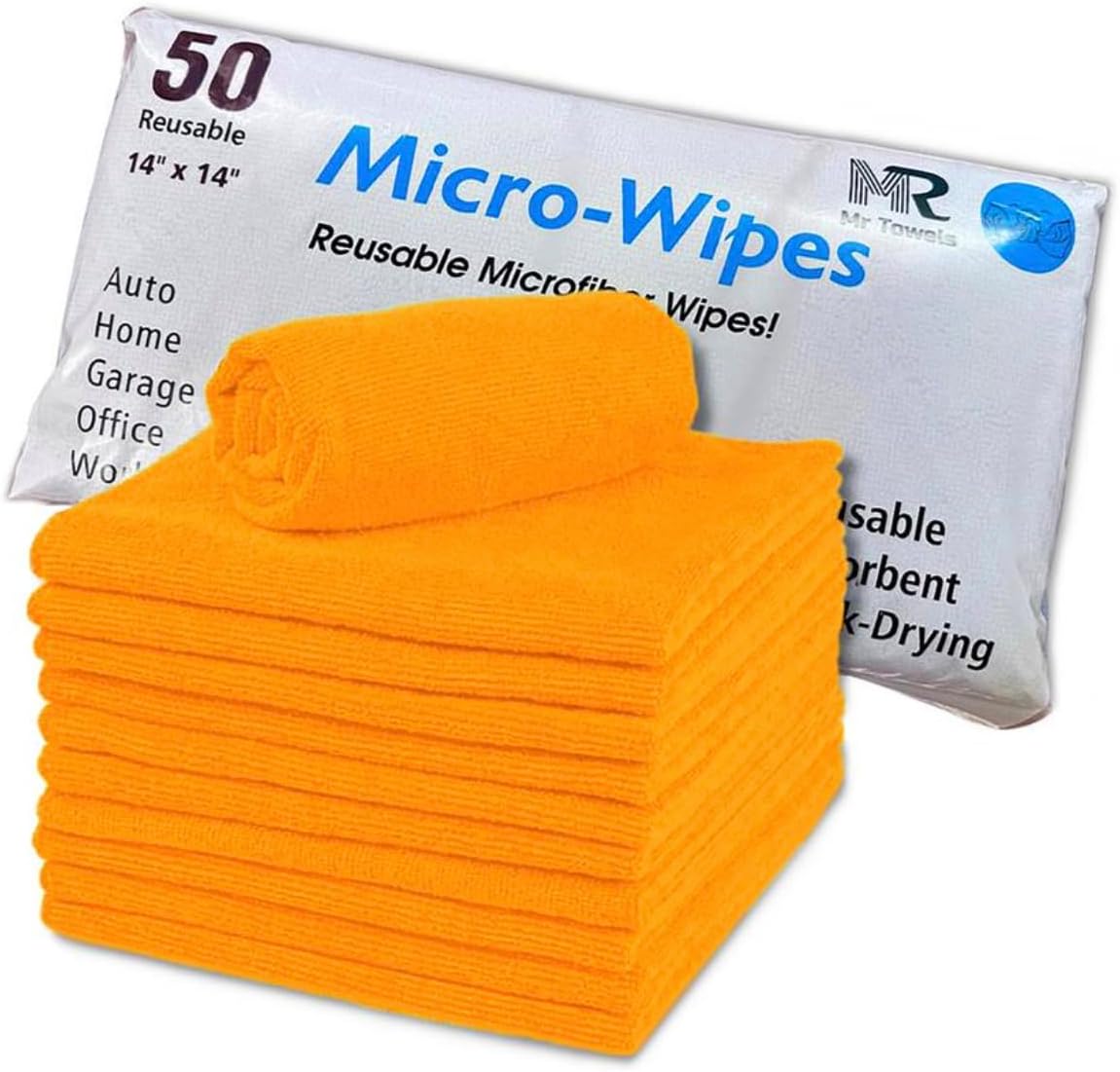 Reusable Microfiber Wipes, 50 Packs, Size 14 inches x 14 inches (Orange)