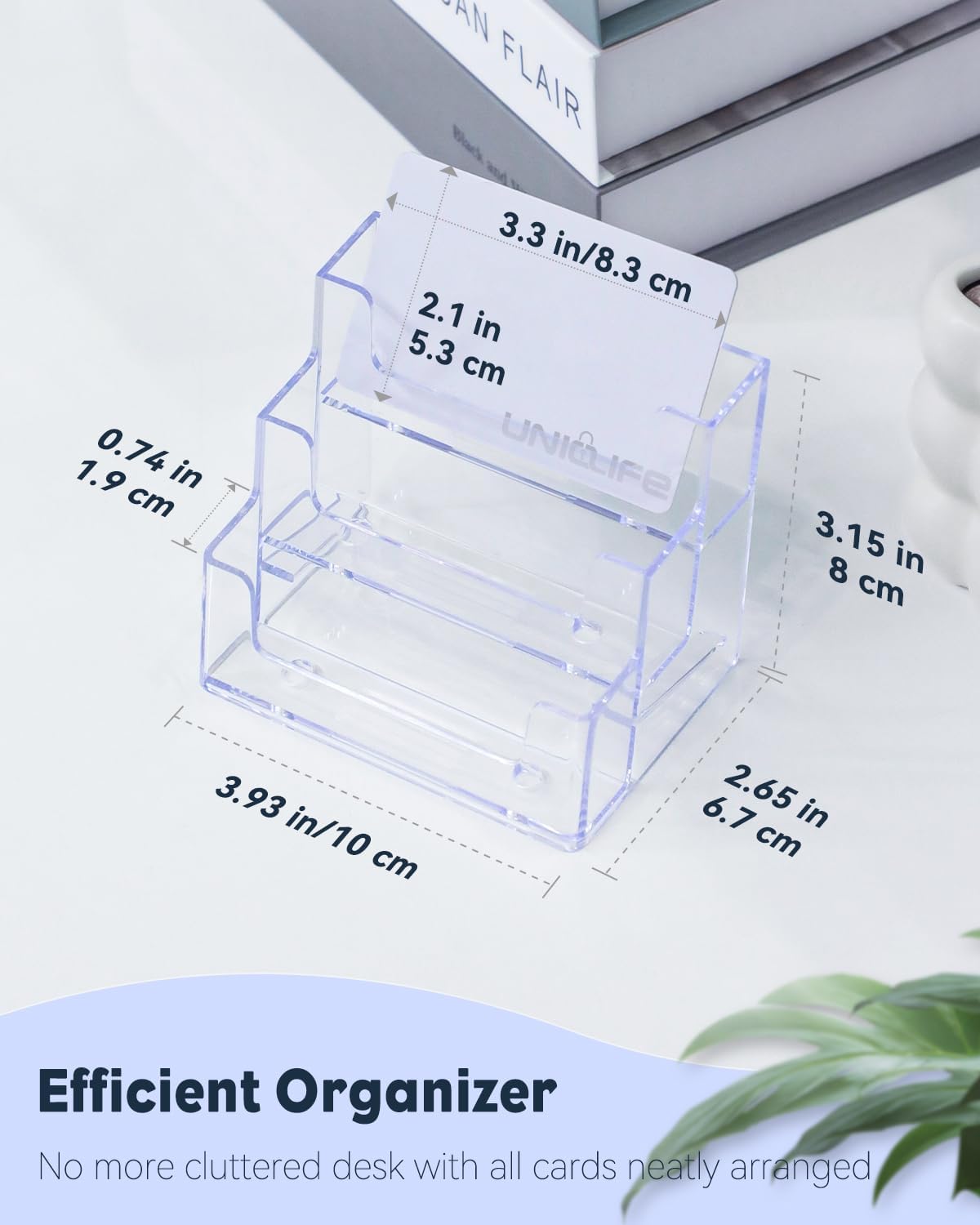 Uniclife 4 Pack Acrylic Business Card Holder for Desk 3 Slots Clear Business Card Display Stand for Men & Women Desktop Business Card Organizer Card Stand for Office Home Exhibition, 180 Card Capacity