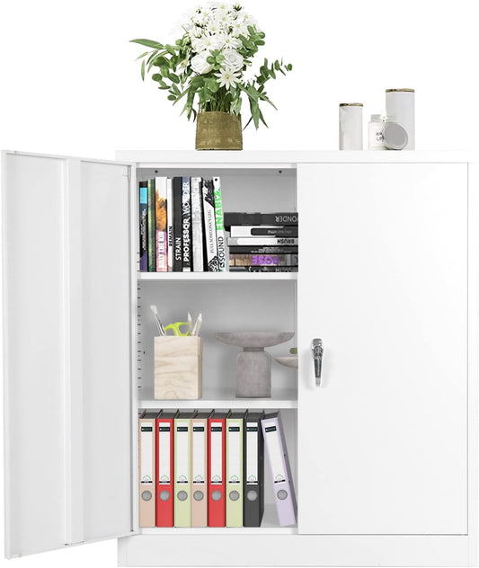 INTERGREAT Metal Cabinet with Lock, Lockable Metal Storage Cabinets with Doors and Shelves for Garage, White Locking Garage Storage Cabinets 36"×32"×16"