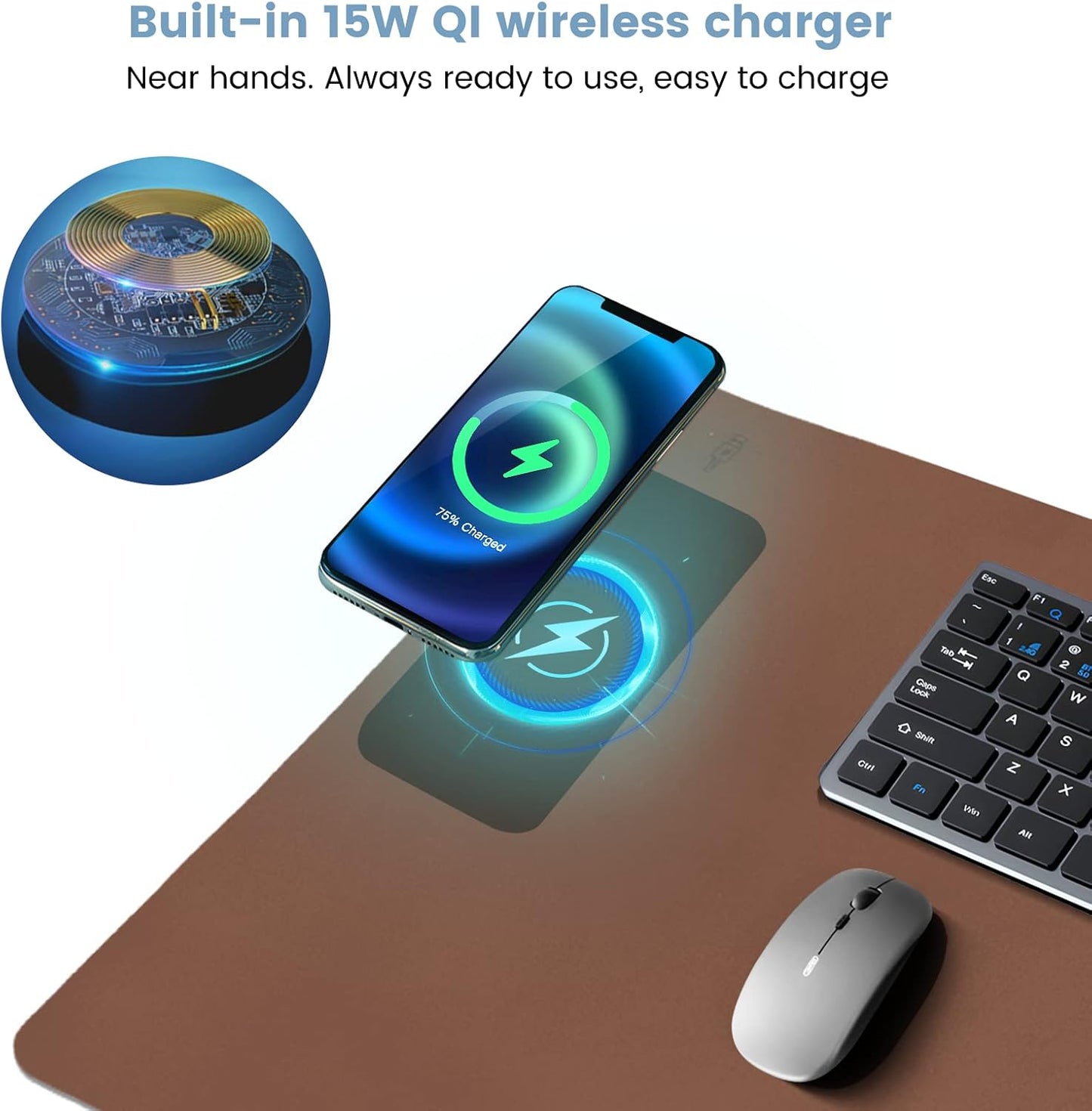 Desk Mat Wireless Charging Mouse Pad Large 32x16 Journey Desk Pad Mat with Wireless Charger Waterproof Leather Computer Mat with Phone Charger Mousepad Non-Slip for Keyboard and Mouse
