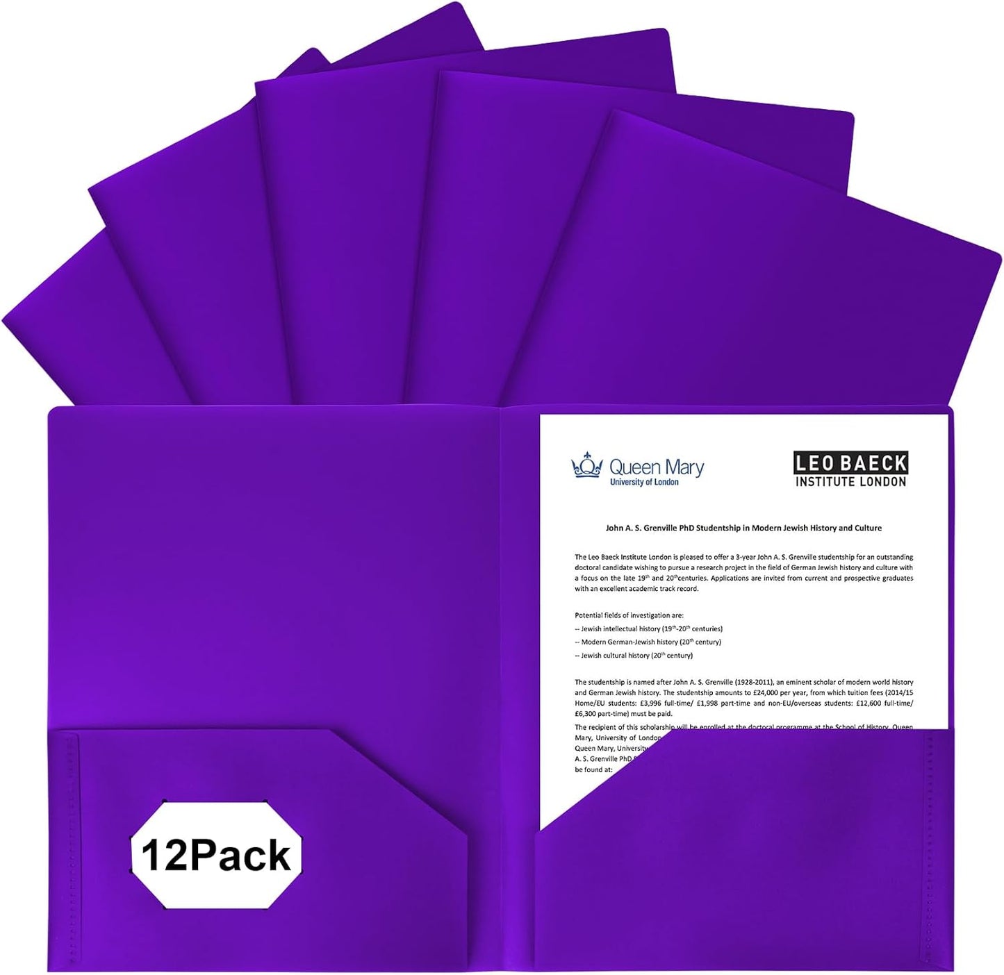12-Pack Plastic Folders with Pockets,2-Pocket Poly Folders Holds 8-1/2" x 11" Paper for School/Office/Home, Purple