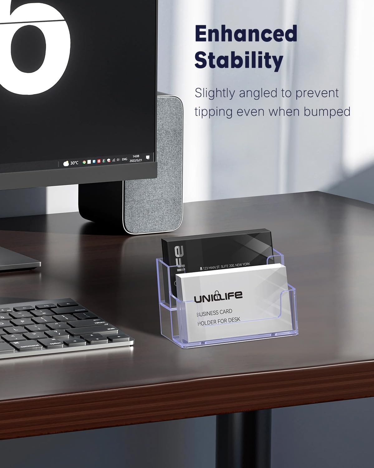 Uniclife 4 Pack Acrylic Business Card Holder for Desk 2 Slots Clear Business Card Display Stand for Men & Women Desktop Business Card Organizer Card Stand for Office Home Exhibition, 120 Card Capacity