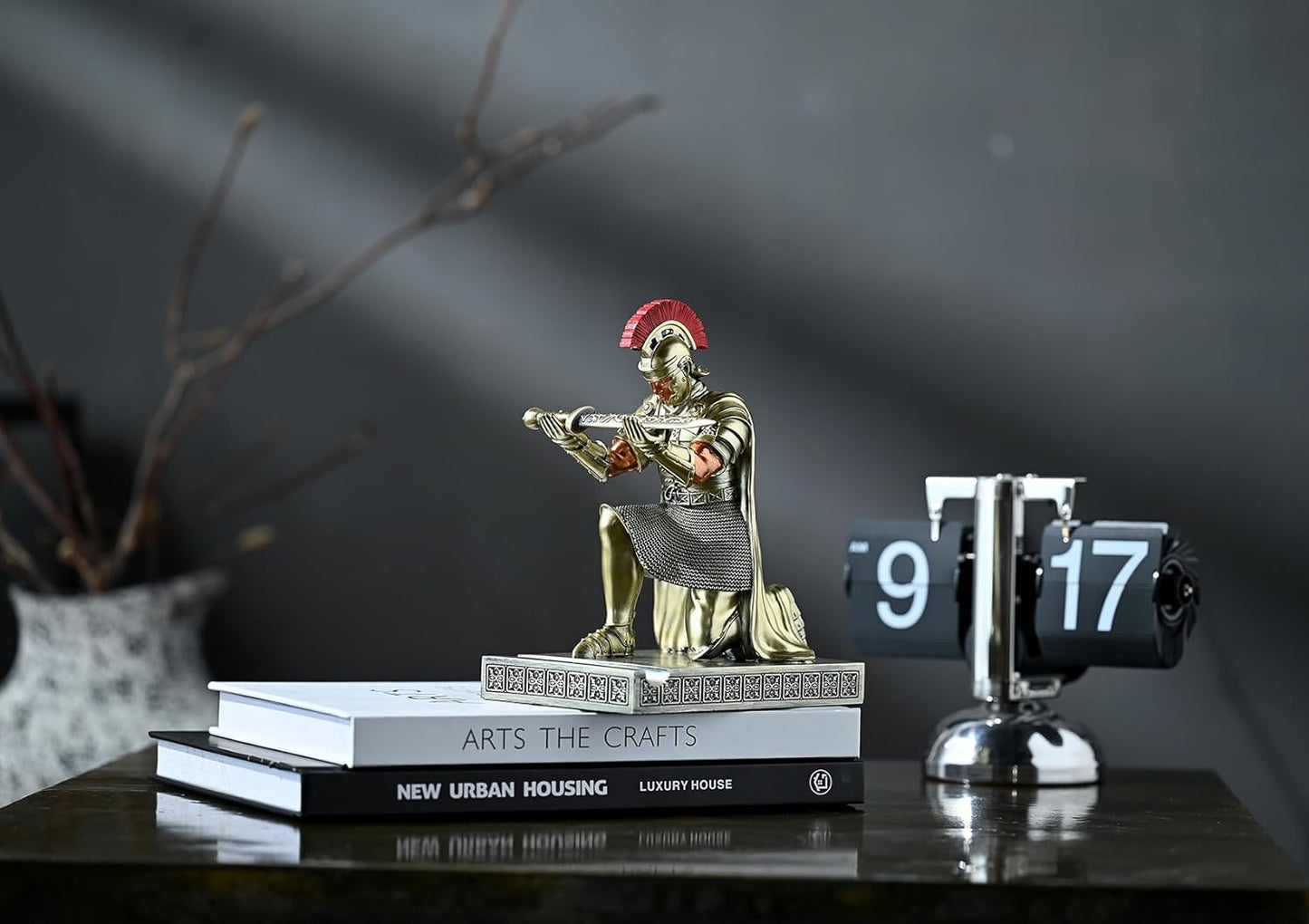 Roman Praetorian Prefect Warrior Knight Pen Holder Desk Ornament Resin Praetorian Guard Mobile Phone Stand Desk Accessories and Organizer for Office with a Letter Opener (Bronze)