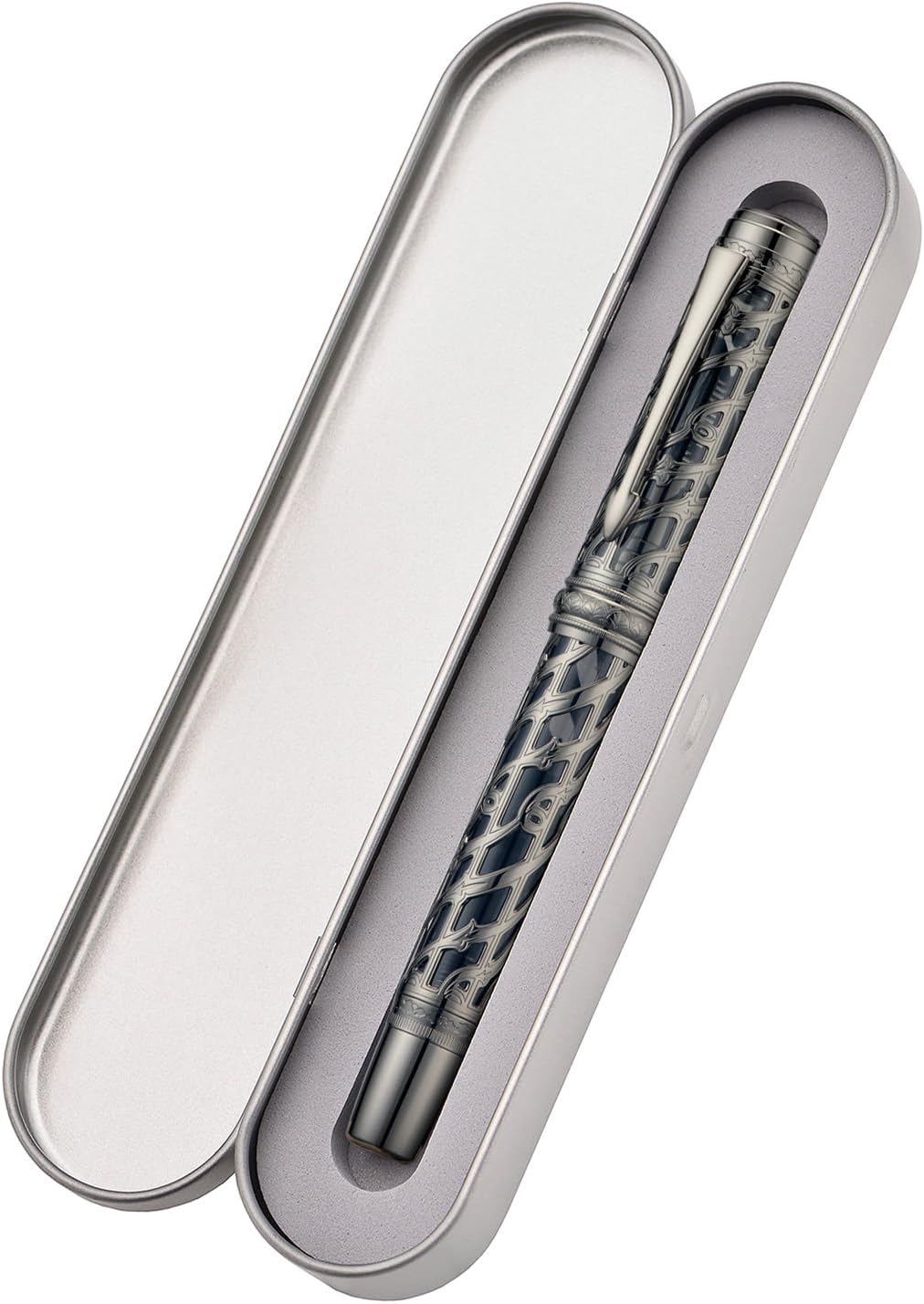 Hongdian A6 Piston Fountain Pen Fine Soft Nib, Jet Black Hollow Skeleton & Resin Pen with Metal Case Set