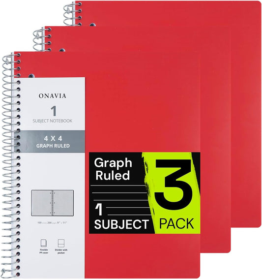 Spiral Notebook for School 3 Pack, 1 Subject, 4x4 Graph Ruled Paper, 100 Sheets, 9" x 11", 1 Divider with Pocket, 3 Hole Punched, Plastic Cover, 1/4" Grid Graphing Note Book Bulk, Red