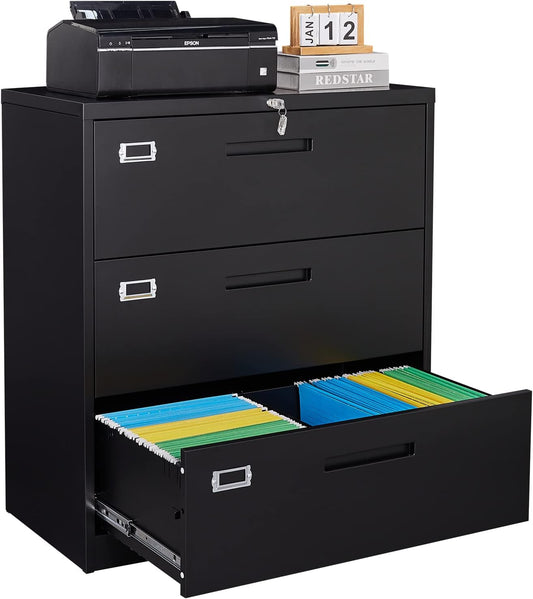 SISESOL 3 Drawer Lateral File Cabinet with Lock,Black Lateral Filing Cabinet,Horizontal Metal Filing Cabinet,Locked Wide Three Drawer File Cabinet for Office Home,Fit A4/F4/Letter/Legal File