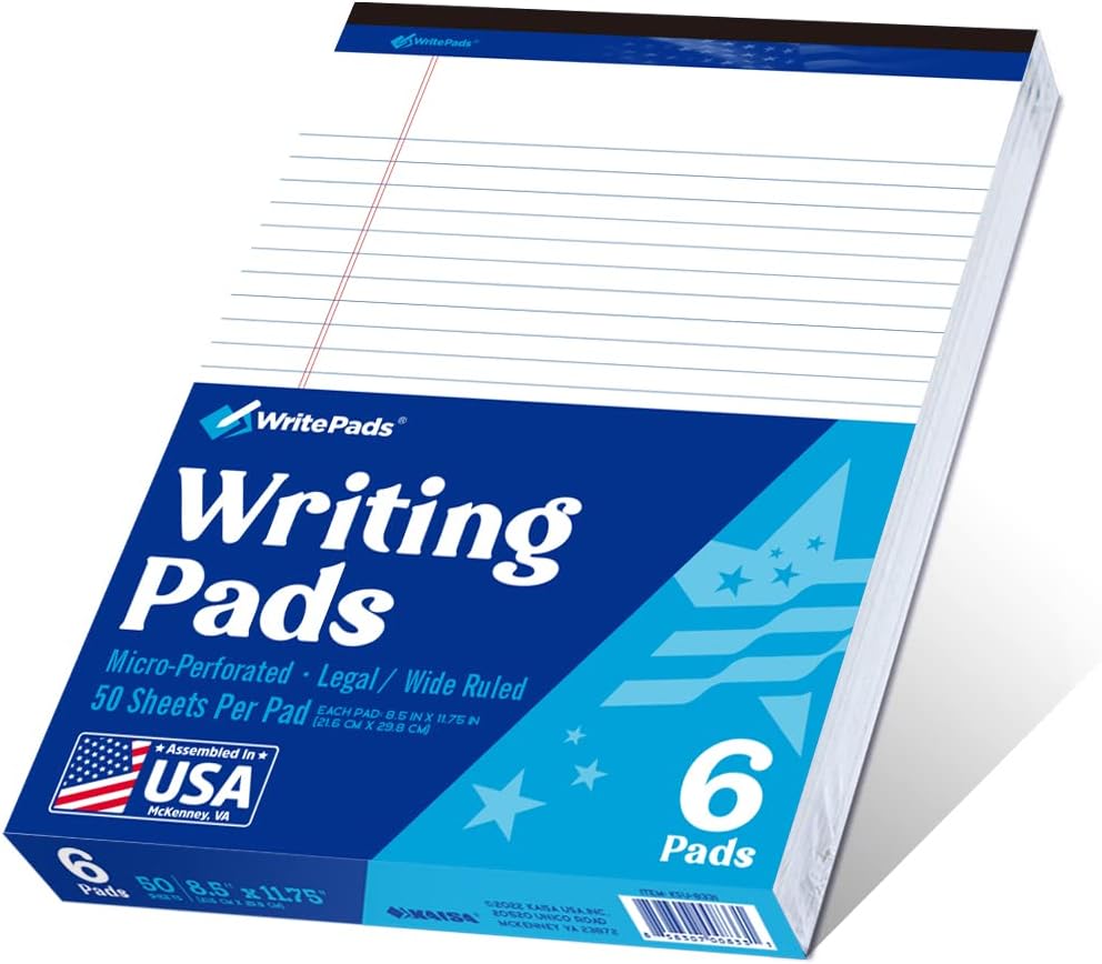 Legal Pad 8.5 x 11 Note Pad, Wide Ruled Writing Pad, White Paper, 6-Pack, 50 Sheets Per Pad, Micro-Perforated Notepad, Office Supplies (KSU-8331) - Made in the USA