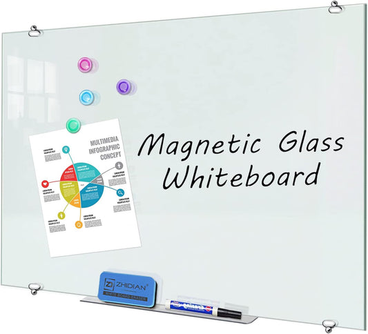 Magnetic Glass Whiteboard - Glass Dry Erase Board 48"x30" Large Frameless Tempered Glass Board for Walls Office School and Home