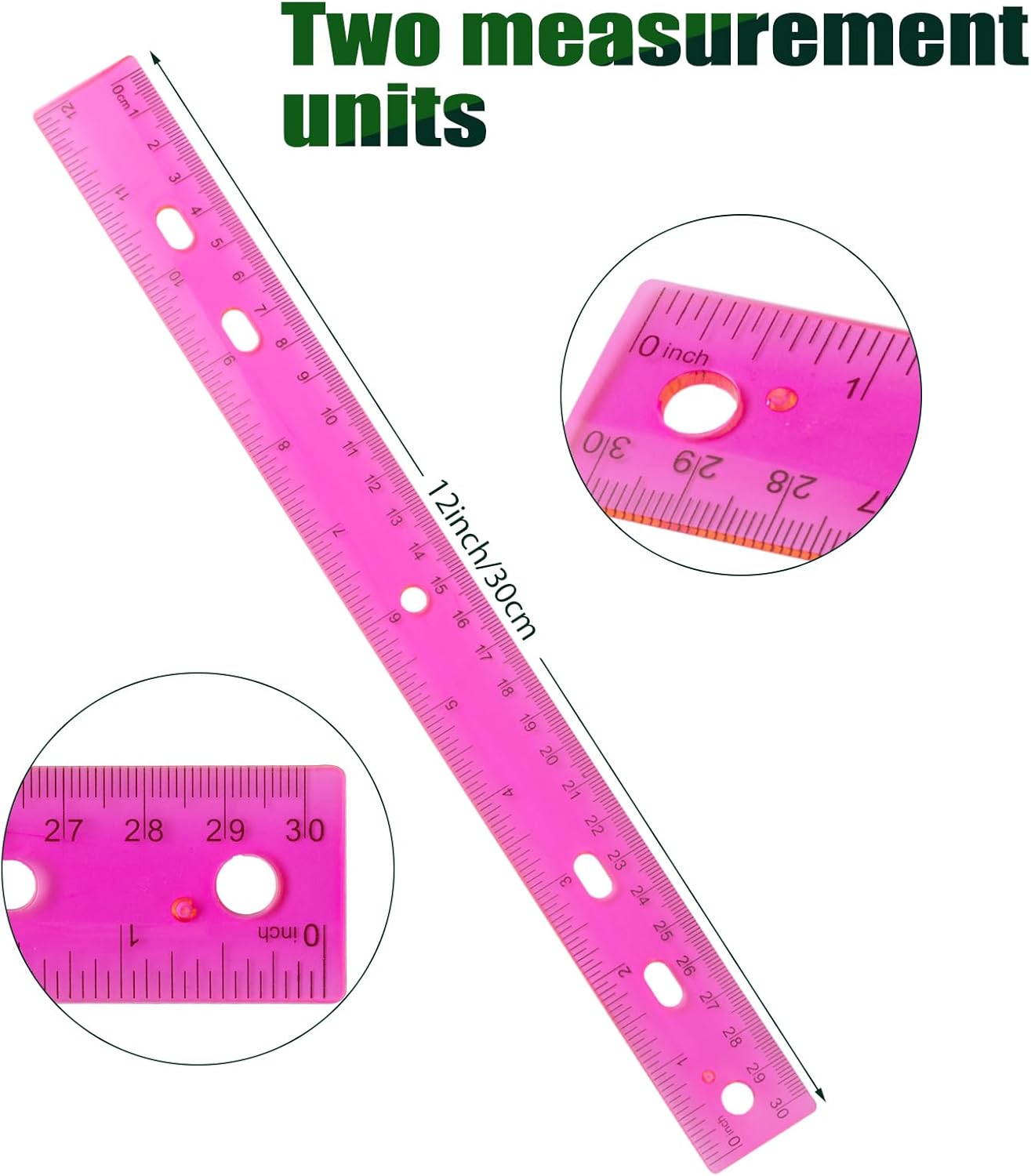28 Pack Plastic Ruler 12 Inch Transparent Rulers - Metric Bulk for Kids School Office Classroom, Pink