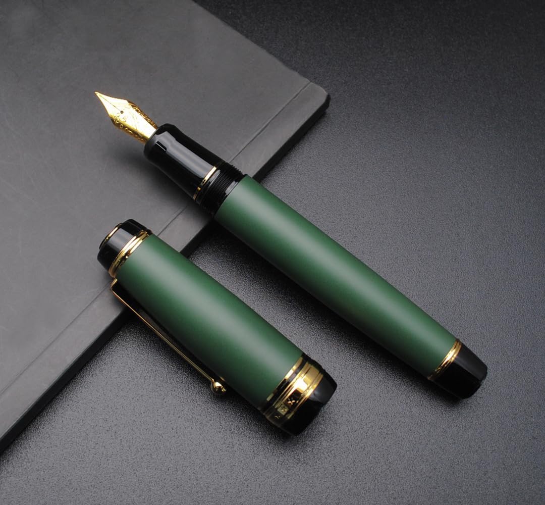 Metal Big Fountain Pen Set Medium Nib 0.7mm, Includes Ink Refill Converter, 5 Ink Cartridges & Gift Box (Medium Nib 0.7mm, Matte Green)