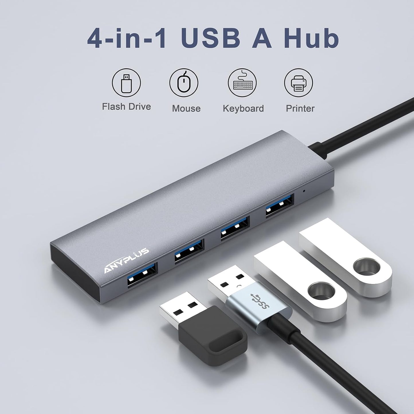 USB Hub, USB 3.0 Hub Aluminum Alloy Ultra Slim USB Splitter, Portable 4 Port USB Extender, USB Hub for Laptop, PC, MacBook, iMac, Surface Pro, Mac Pro, Flash Drive, XPS 【Grey】