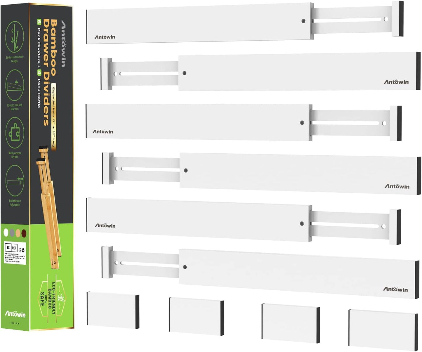 ANTOWIN Expandable Bamboo Drawer Dividers, Drawer Separators,17-22 inches Adjustable Spring-loaded Organizer for Large Utensil, Clothes, Tools Drawers, 6Pack (White)