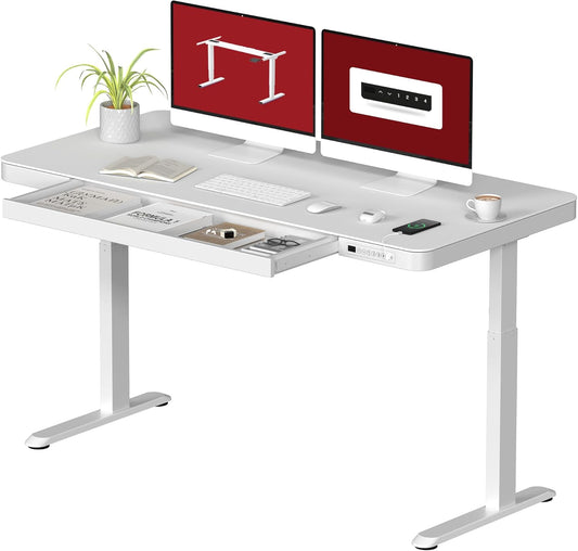 Standing Desk with Drawer, Electric Height Adjustable Home Office Desk with Storage & USB Ports, 55 inch White Wood Tabletop/White Frame